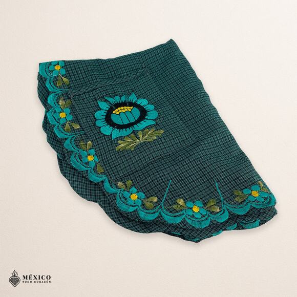 Turquoise Mexican Embroidered Smock Apron – Floral Traditional Design for Women - Picture 7 of 8
